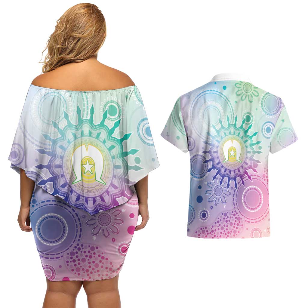 Aussie NAIDOC Week Couples Matching Off Shoulder Short Dress and Hawaiian Shirt Pastel Aboriginal Dot Art