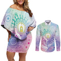 Aussie NAIDOC Week Couples Matching Off Shoulder Short Dress and Long Sleeve Button Shirt Pastel Aboriginal Dot Art