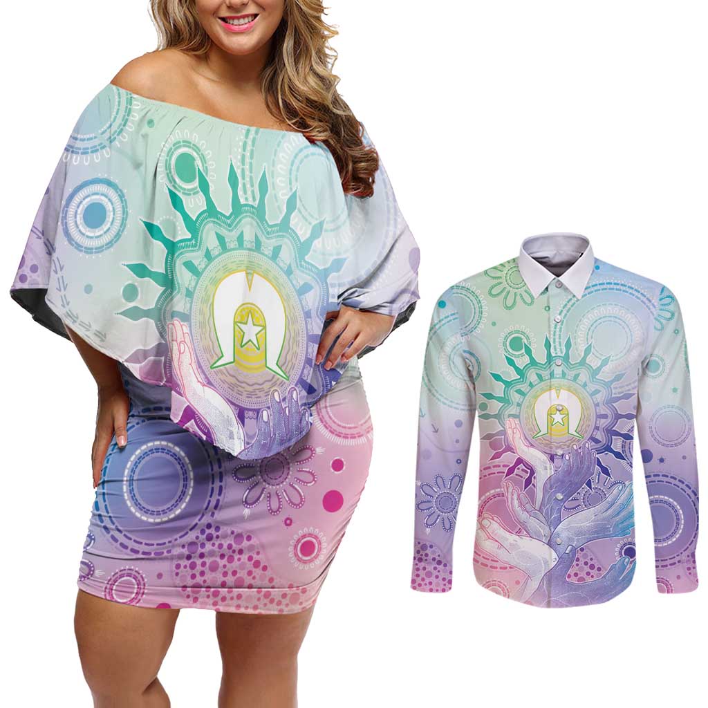 Aussie NAIDOC Week Couples Matching Off Shoulder Short Dress and Long Sleeve Button Shirt Pastel Aboriginal Dot Art
