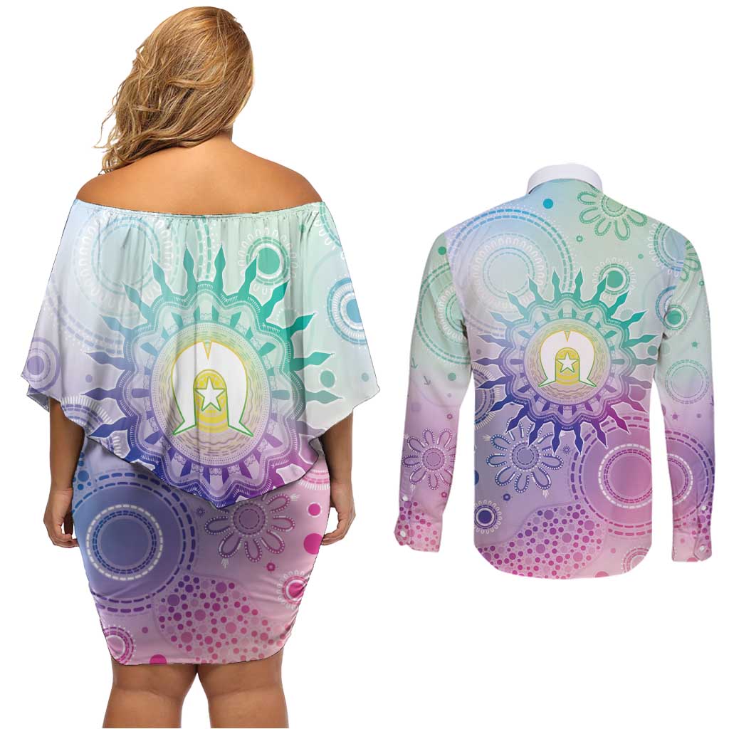 Aussie NAIDOC Week Couples Matching Off Shoulder Short Dress and Long Sleeve Button Shirt Pastel Aboriginal Dot Art