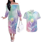 Aussie NAIDOC Week Couples Matching Off The Shoulder Long Sleeve Dress and Hawaiian Shirt Pastel Aboriginal Dot Art