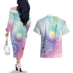 Aussie NAIDOC Week Couples Matching Off The Shoulder Long Sleeve Dress and Hawaiian Shirt Pastel Aboriginal Dot Art