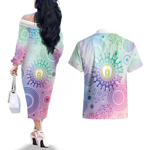 Aussie NAIDOC Week Couples Matching Off The Shoulder Long Sleeve Dress and Hawaiian Shirt Pastel Aboriginal Dot Art
