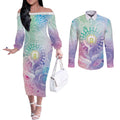 Aussie NAIDOC Week Couples Matching Off The Shoulder Long Sleeve Dress and Long Sleeve Button Shirt Pastel Aboriginal Dot Art