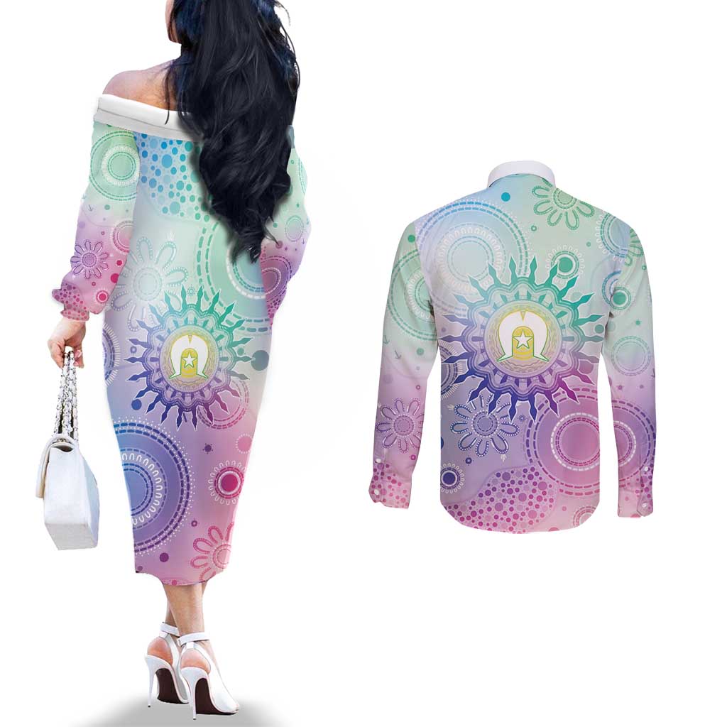 Aussie NAIDOC Week Couples Matching Off The Shoulder Long Sleeve Dress and Long Sleeve Button Shirt Pastel Aboriginal Dot Art