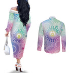 Aussie NAIDOC Week Couples Matching Off The Shoulder Long Sleeve Dress and Long Sleeve Button Shirt Pastel Aboriginal Dot Art