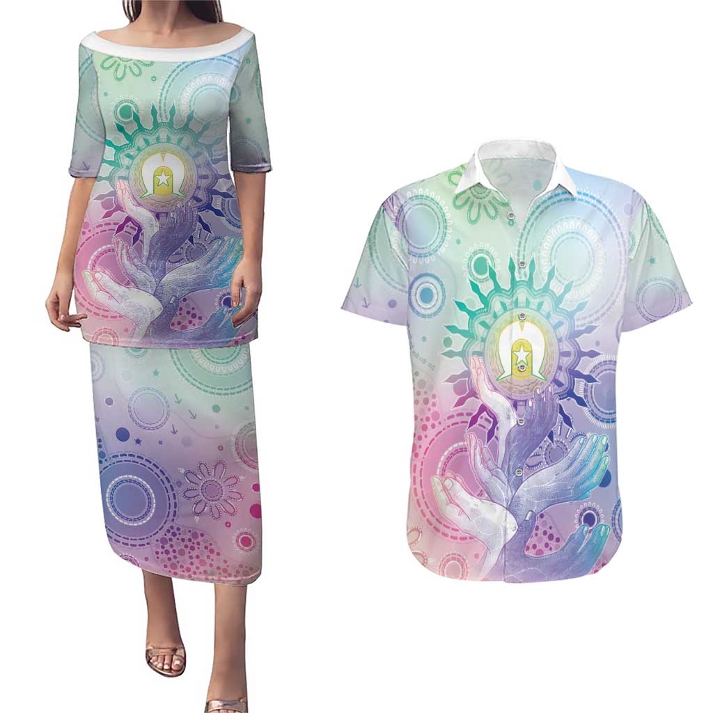 Aussie NAIDOC Week Couples Matching Puletasi and Hawaiian Shirt Pastel Aboriginal Dot Art
