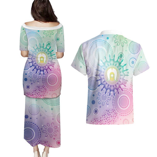 Aussie NAIDOC Week Couples Matching Puletasi and Hawaiian Shirt Pastel Aboriginal Dot Art