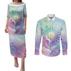 Aussie NAIDOC Week Couples Matching Puletasi and Long Sleeve Button Shirt Pastel Aboriginal Dot Art