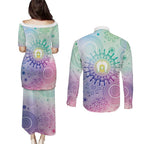 Aussie NAIDOC Week Couples Matching Puletasi and Long Sleeve Button Shirt Pastel Aboriginal Dot Art
