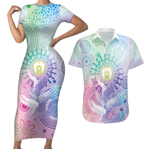 Aussie NAIDOC Week Couples Matching Short Sleeve Bodycon Dress and Hawaiian Shirt Pastel Aboriginal Dot Art