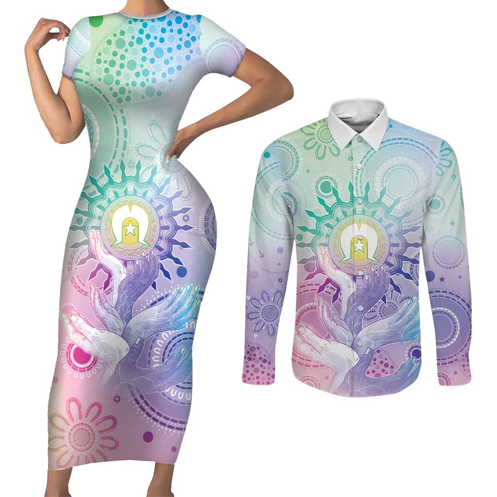 Aussie NAIDOC Week Couples Matching Short Sleeve Bodycon Dress and Long Sleeve Button Shirt Pastel Aboriginal Dot Art