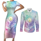 Aussie NAIDOC Week Couples Matching Short Sleeve Bodycon Dress and Long Sleeve Button Shirt Pastel Aboriginal Dot Art