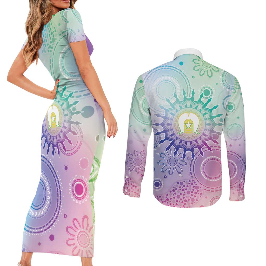 Aussie NAIDOC Week Couples Matching Short Sleeve Bodycon Dress and Long Sleeve Button Shirt Pastel Aboriginal Dot Art