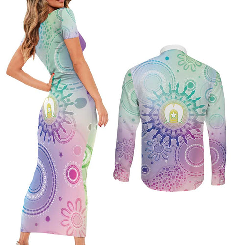 Aussie NAIDOC Week Couples Matching Short Sleeve Bodycon Dress and Long Sleeve Button Shirt Pastel Aboriginal Dot Art
