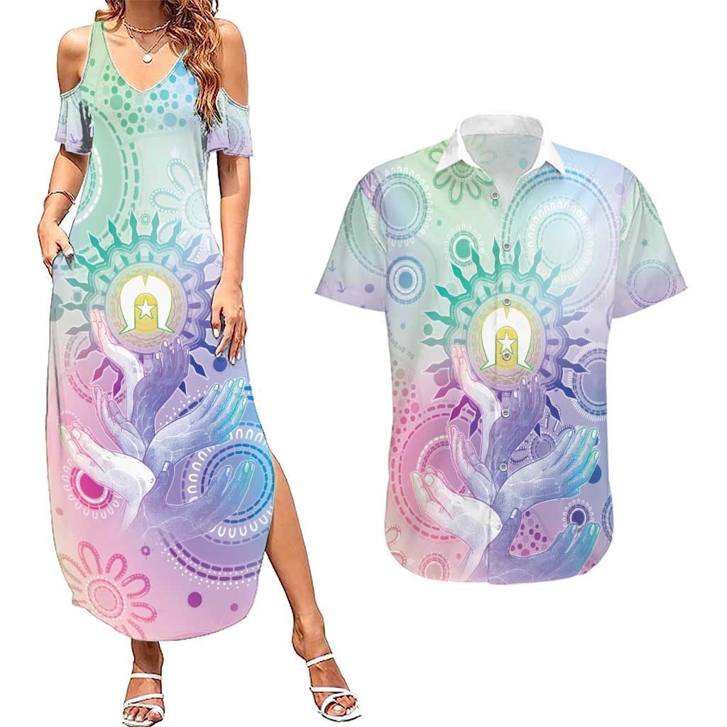 Aussie NAIDOC Week Couples Matching Summer Maxi Dress and Hawaiian Shirt Pastel Aboriginal Dot Art