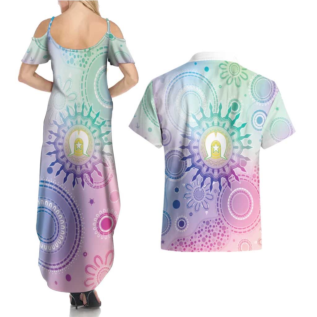 Aussie NAIDOC Week Couples Matching Summer Maxi Dress and Hawaiian Shirt Pastel Aboriginal Dot Art
