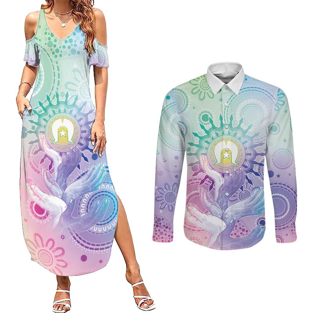 Aussie NAIDOC Week Couples Matching Summer Maxi Dress and Long Sleeve Button Shirt Pastel Aboriginal Dot Art
