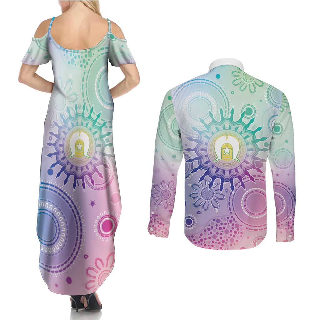 Aussie NAIDOC Week Couples Matching Summer Maxi Dress and Long Sleeve Button Shirt Pastel Aboriginal Dot Art