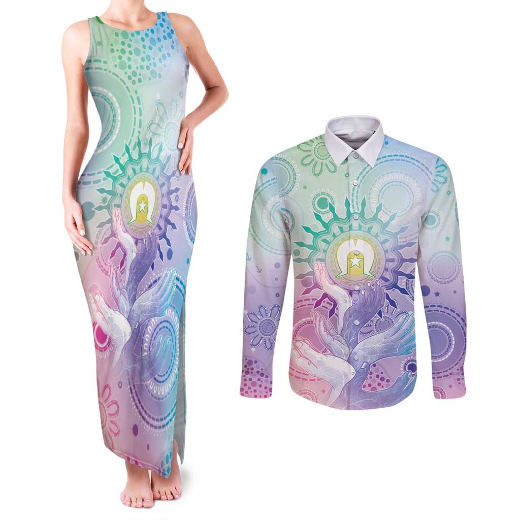 Aussie NAIDOC Week Couples Matching Tank Maxi Dress and Long Sleeve Button Shirt Pastel Aboriginal Dot Art