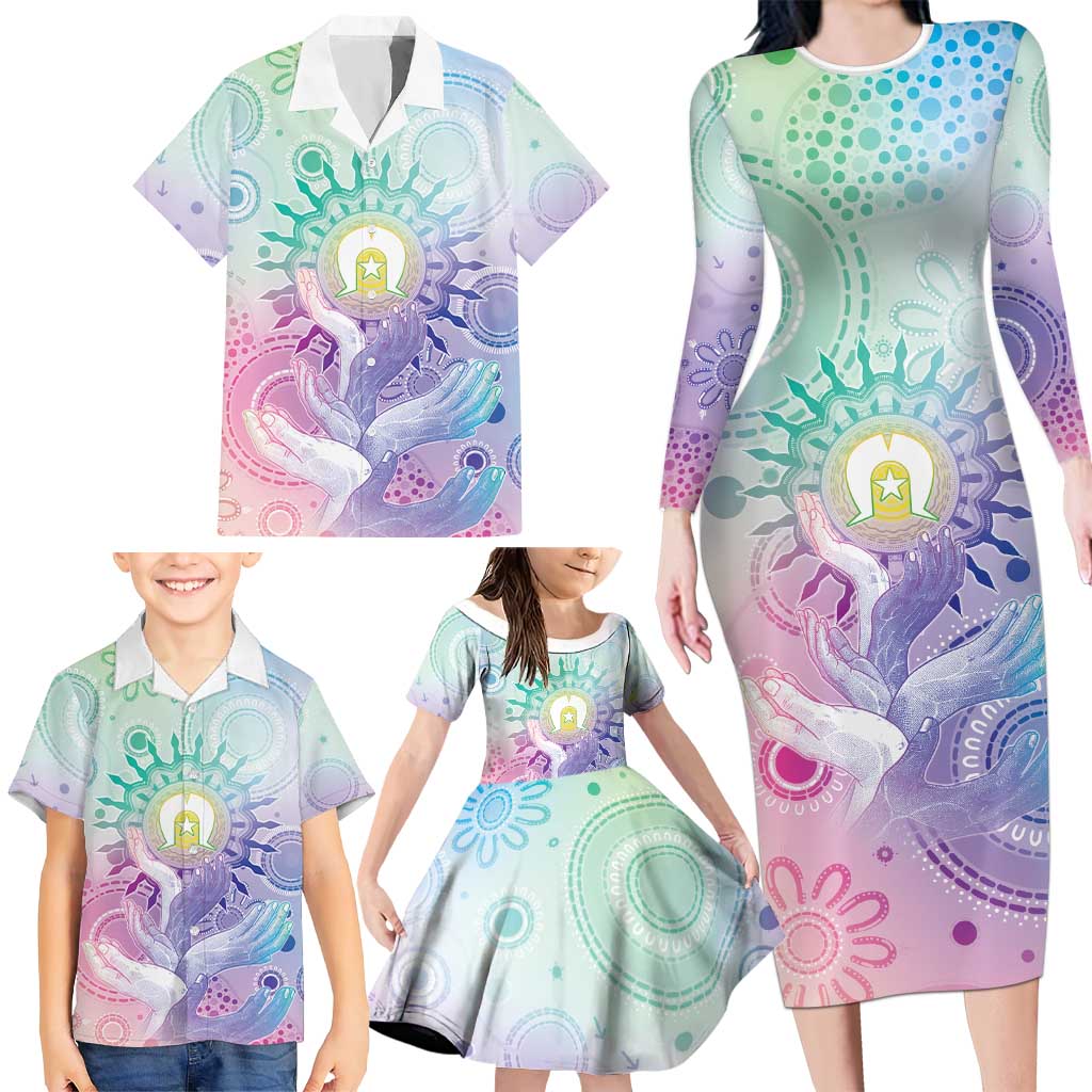 Aussie NAIDOC Week Family Matching Long Sleeve Bodycon Dress and Hawaiian Shirt Pastel Aboriginal Dot Art