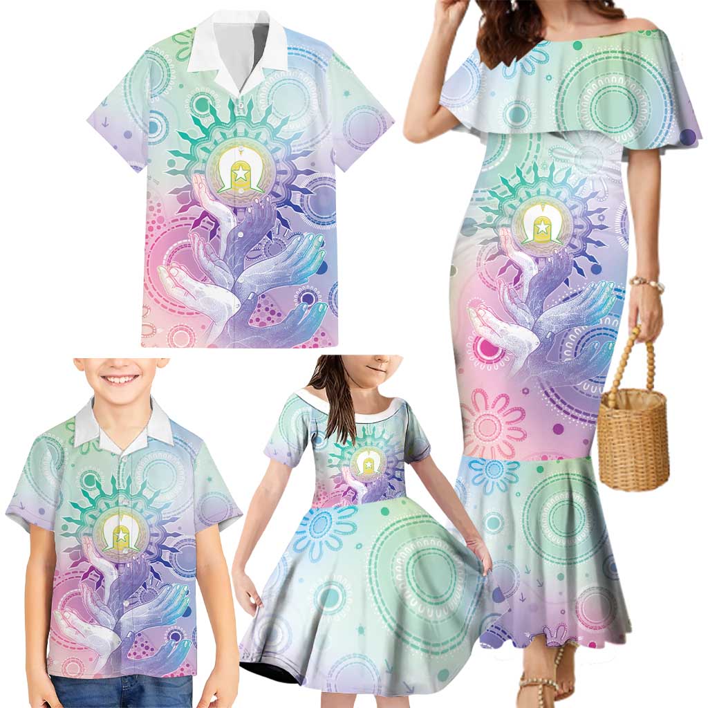 Aussie NAIDOC Week Family Matching Mermaid Dress and Hawaiian Shirt Pastel Aboriginal Dot Art