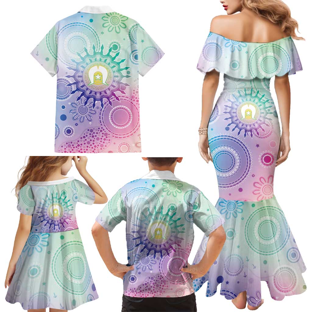 Aussie NAIDOC Week Family Matching Mermaid Dress and Hawaiian Shirt Pastel Aboriginal Dot Art