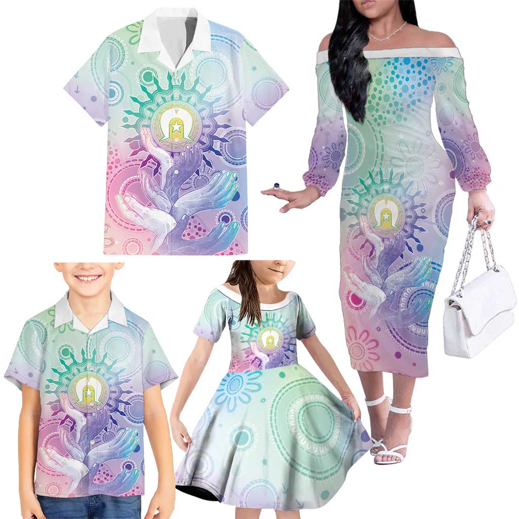 Aussie NAIDOC Week Family Matching Off The Shoulder Long Sleeve Dress and Hawaiian Shirt Pastel Aboriginal Dot Art