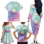 Aussie NAIDOC Week Family Matching Off The Shoulder Long Sleeve Dress and Hawaiian Shirt Pastel Aboriginal Dot Art