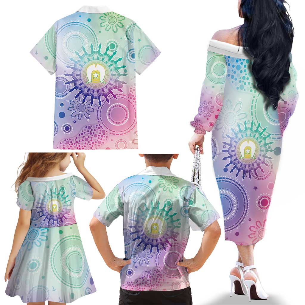 Aussie NAIDOC Week Family Matching Off The Shoulder Long Sleeve Dress and Hawaiian Shirt Pastel Aboriginal Dot Art