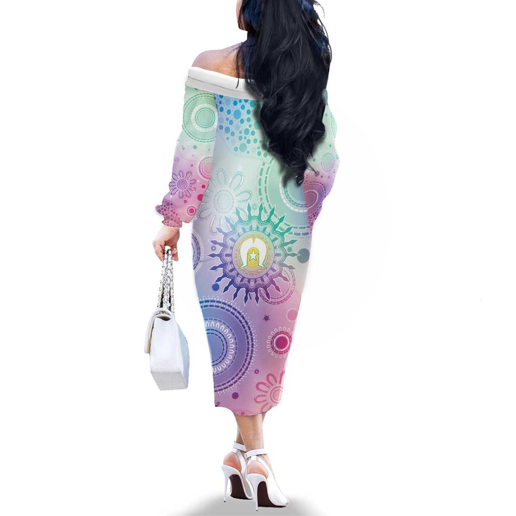 Aussie NAIDOC Week Family Matching Off The Shoulder Long Sleeve Dress and Hawaiian Shirt Pastel Aboriginal Dot Art