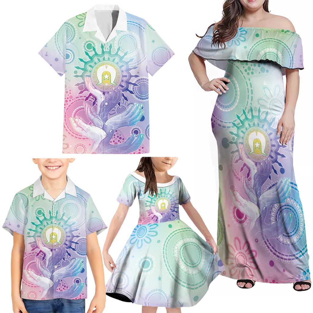 Aussie NAIDOC Week Family Matching Off Shoulder Maxi Dress and Hawaiian Shirt Pastel Aboriginal Dot Art
