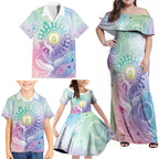 Aussie NAIDOC Week Family Matching Off Shoulder Maxi Dress and Hawaiian Shirt Pastel Aboriginal Dot Art