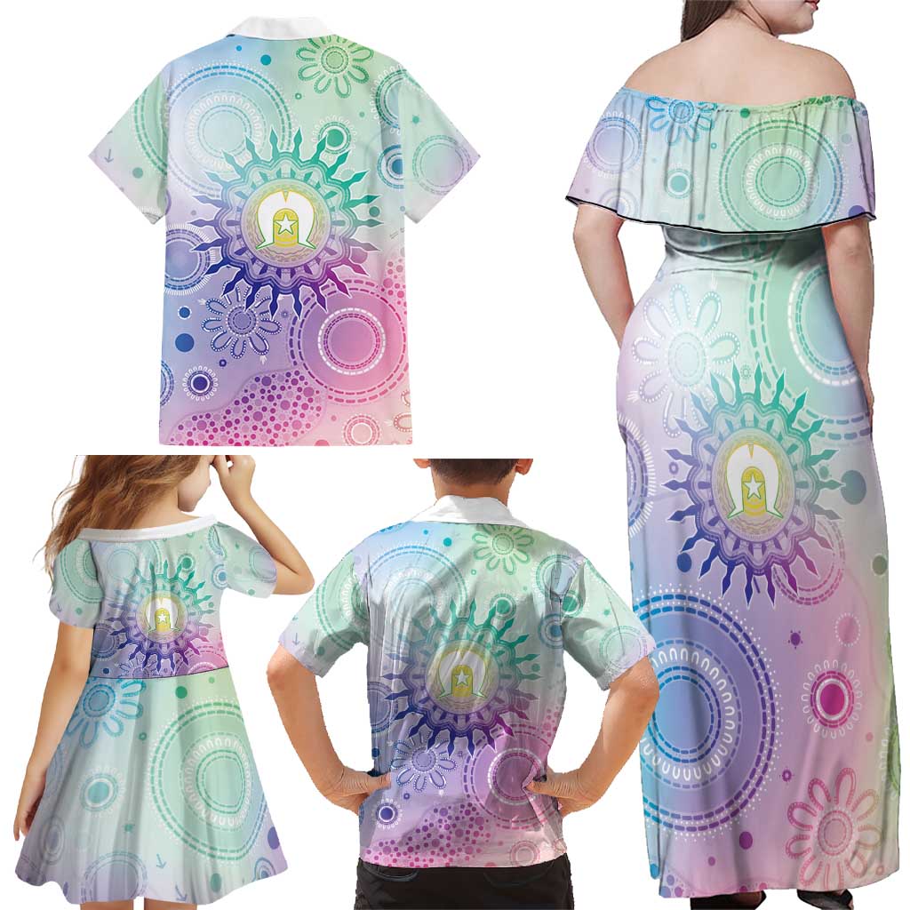 Aussie NAIDOC Week Family Matching Off Shoulder Maxi Dress and Hawaiian Shirt Pastel Aboriginal Dot Art