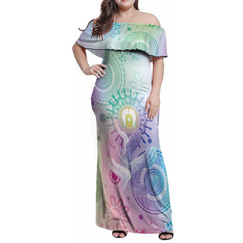 Aussie NAIDOC Week Family Matching Off Shoulder Maxi Dress and Hawaiian Shirt Pastel Aboriginal Dot Art