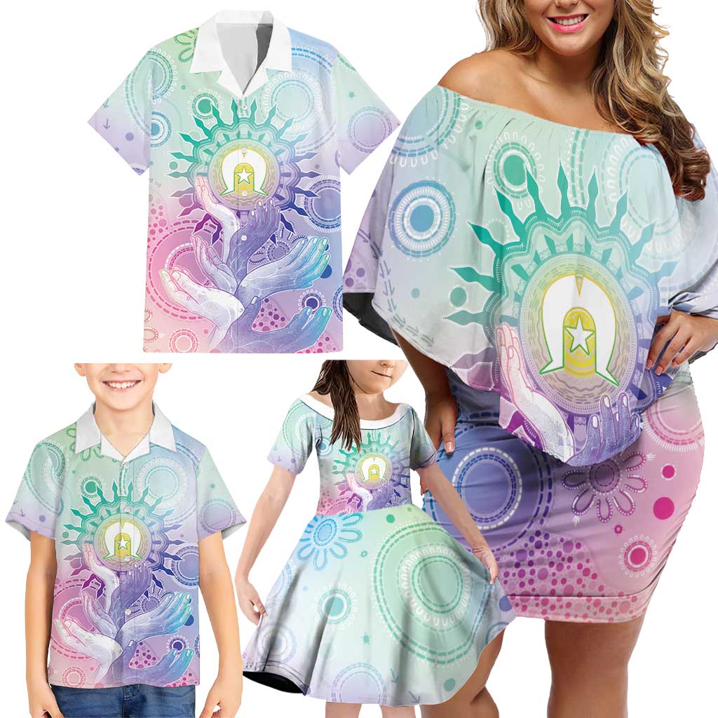 Aussie NAIDOC Week Family Matching Off Shoulder Short Dress and Hawaiian Shirt Pastel Aboriginal Dot Art