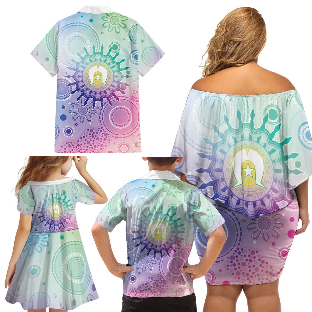Aussie NAIDOC Week Family Matching Off Shoulder Short Dress and Hawaiian Shirt Pastel Aboriginal Dot Art