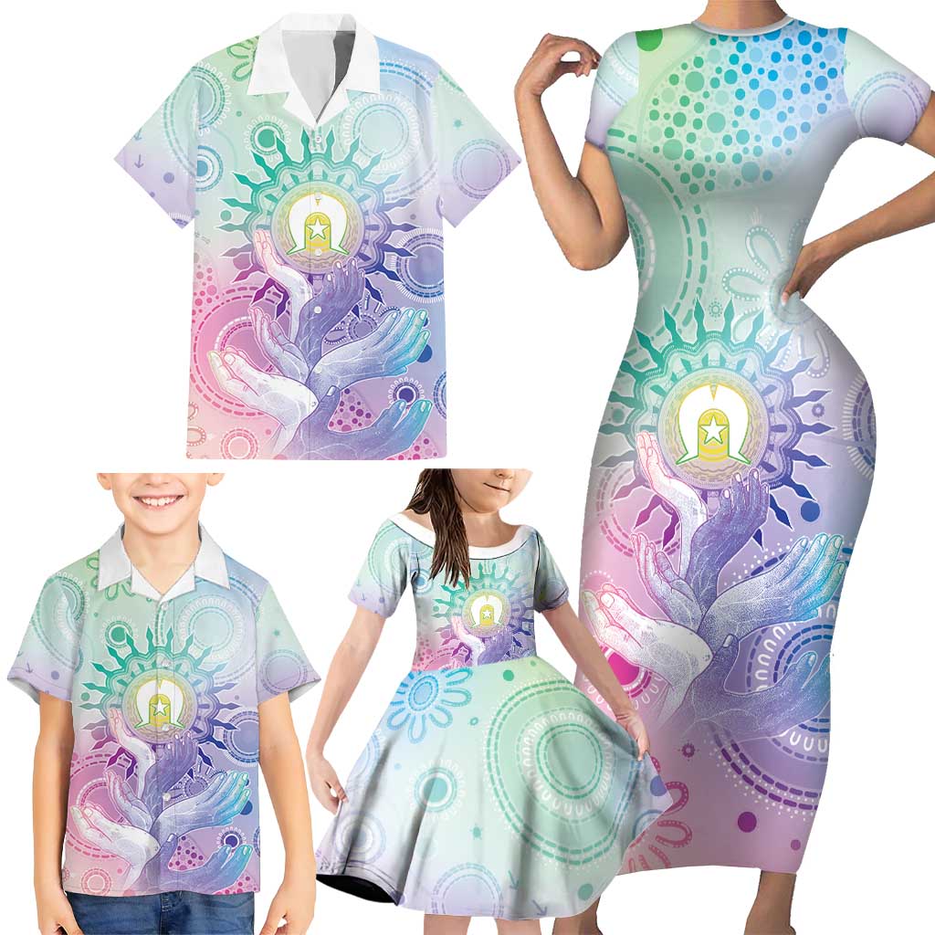 Aussie NAIDOC Week Family Matching Short Sleeve Bodycon Dress and Hawaiian Shirt Pastel Aboriginal Dot Art