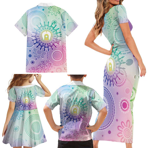 Aussie NAIDOC Week Family Matching Short Sleeve Bodycon Dress and Hawaiian Shirt Pastel Aboriginal Dot Art