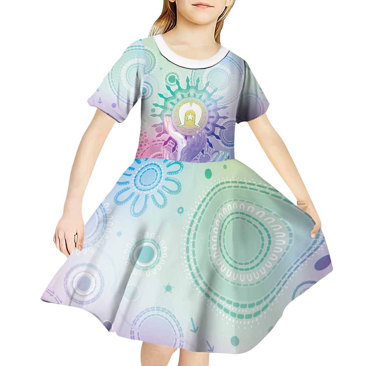 Aussie NAIDOC Week Kid Short Sleeve Dress Pastel Aboriginal Dot Art