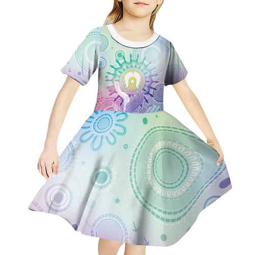 Aussie NAIDOC Week Kid Short Sleeve Dress Pastel Aboriginal Dot Art
