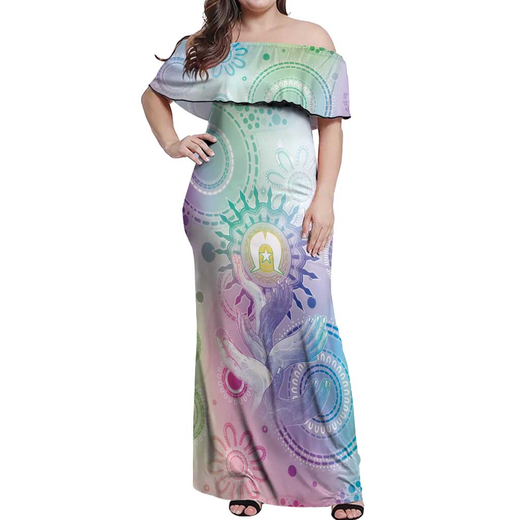 Aussie NAIDOC Week Off Shoulder Maxi Dress Pastel Aboriginal Dot Art