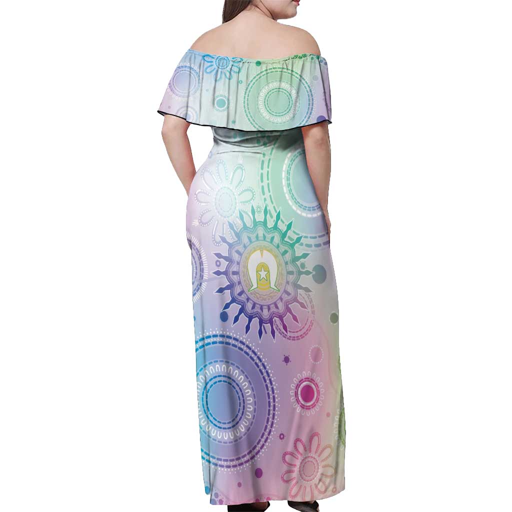 Aussie NAIDOC Week Off Shoulder Maxi Dress Pastel Aboriginal Dot Art