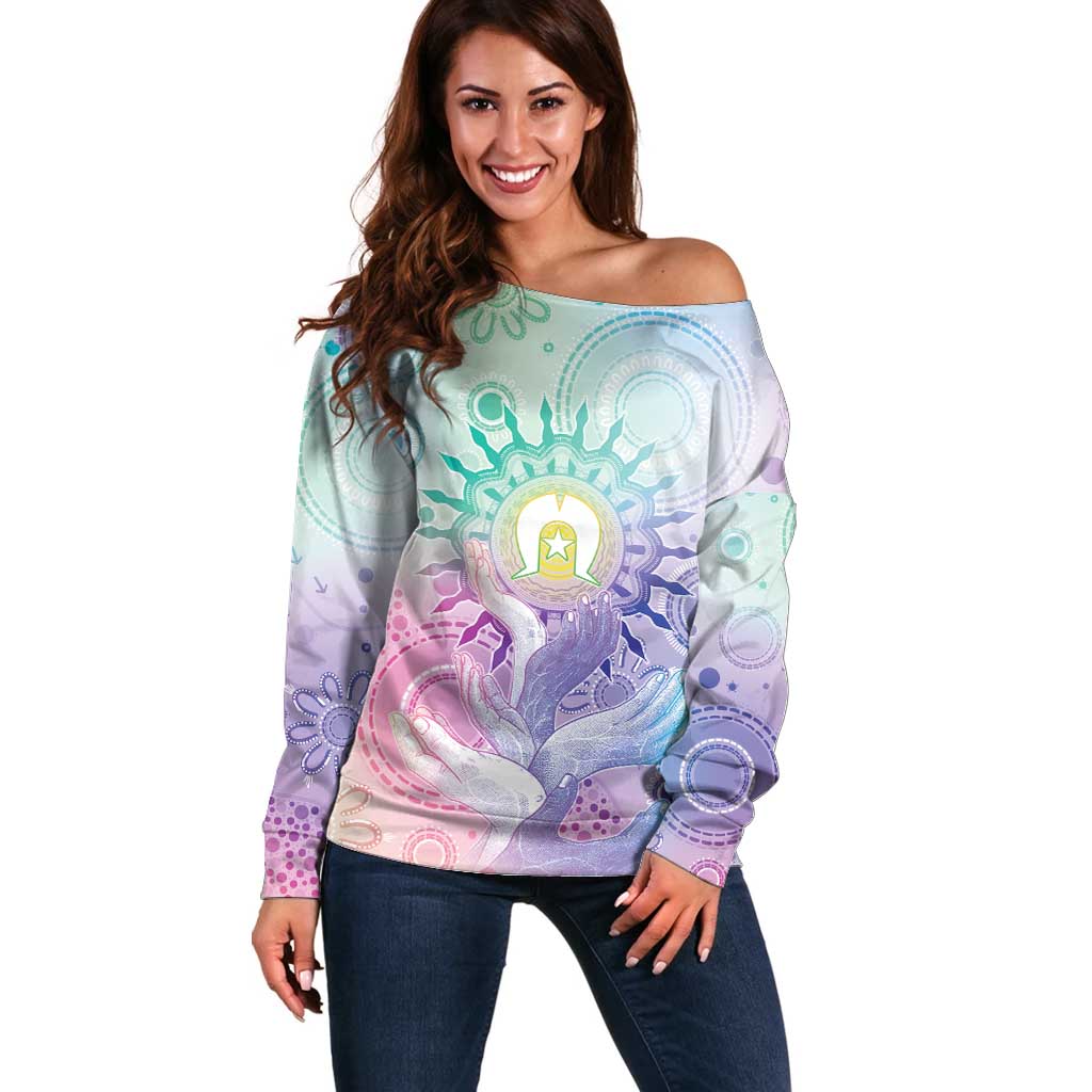 Aussie NAIDOC Week Off Shoulder Sweater Pastel Aboriginal Dot Art