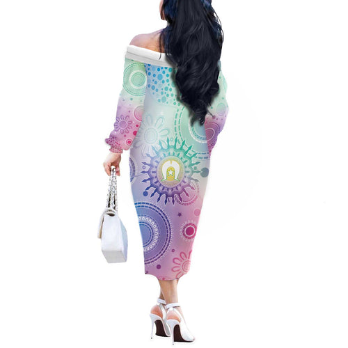 Aussie NAIDOC Week Off The Shoulder Long Sleeve Dress Pastel Aboriginal Dot Art