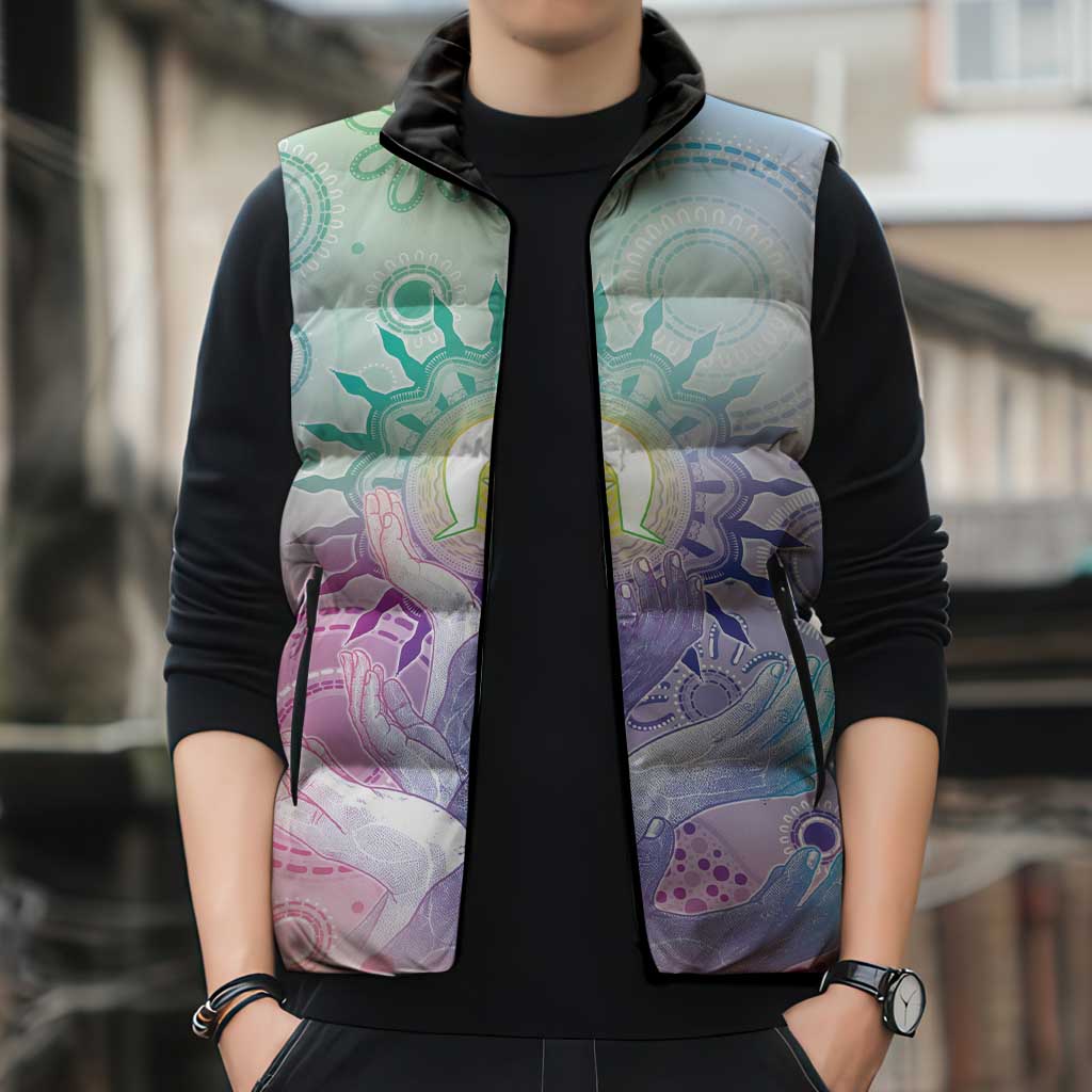 Aussie NAIDOC Week Sleeveless Puffer Jacket Pastel Aboriginal Dot Art