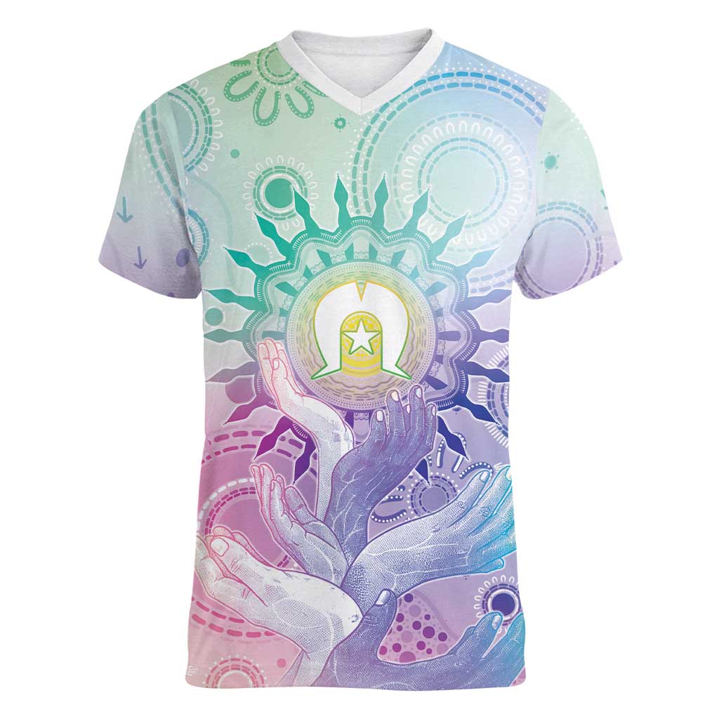 Aussie NAIDOC Week Women V-Neck T-Shirt Pastel Aboriginal Dot Art