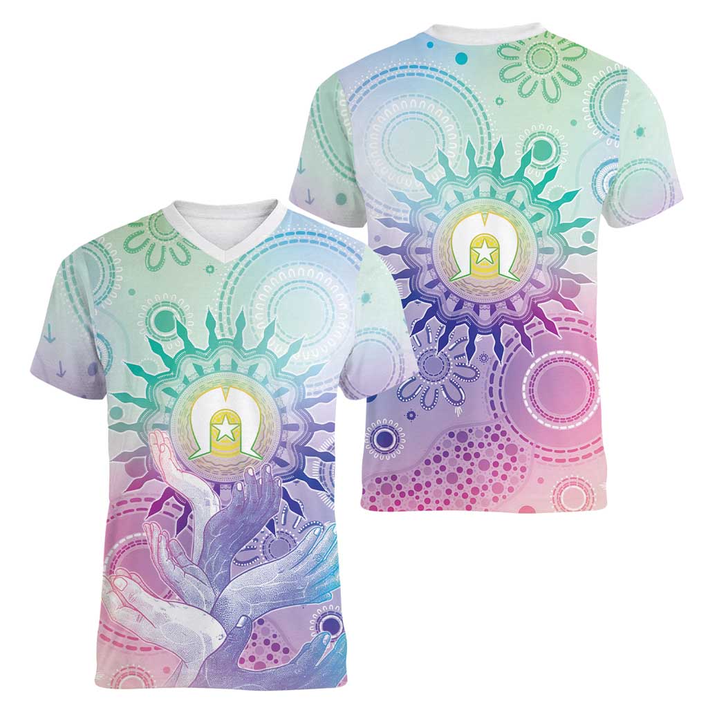 Aussie NAIDOC Week Women V-Neck T-Shirt Pastel Aboriginal Dot Art