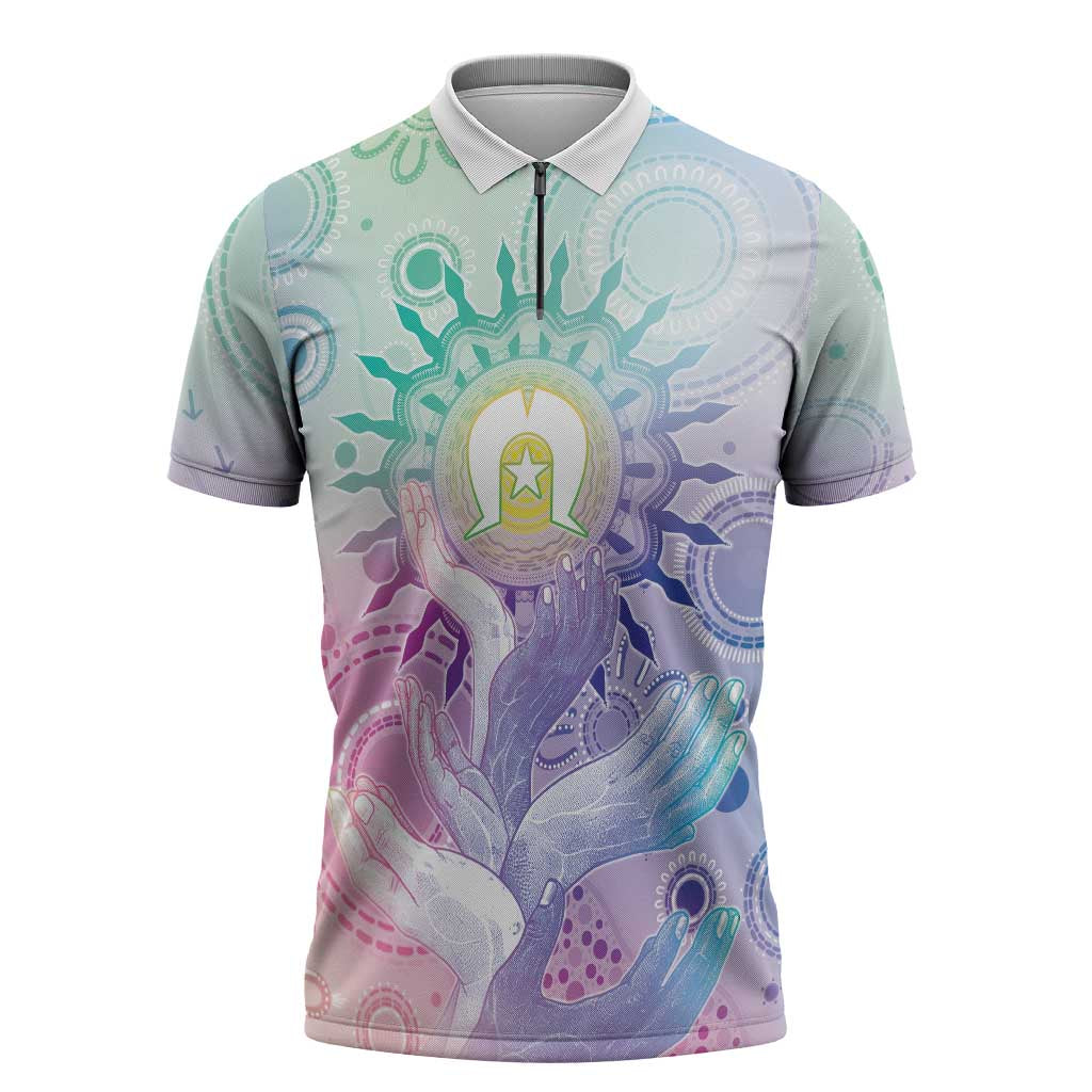 Aussie NAIDOC Week Zipper Polo Shirt Pastel Aboriginal Dot Art