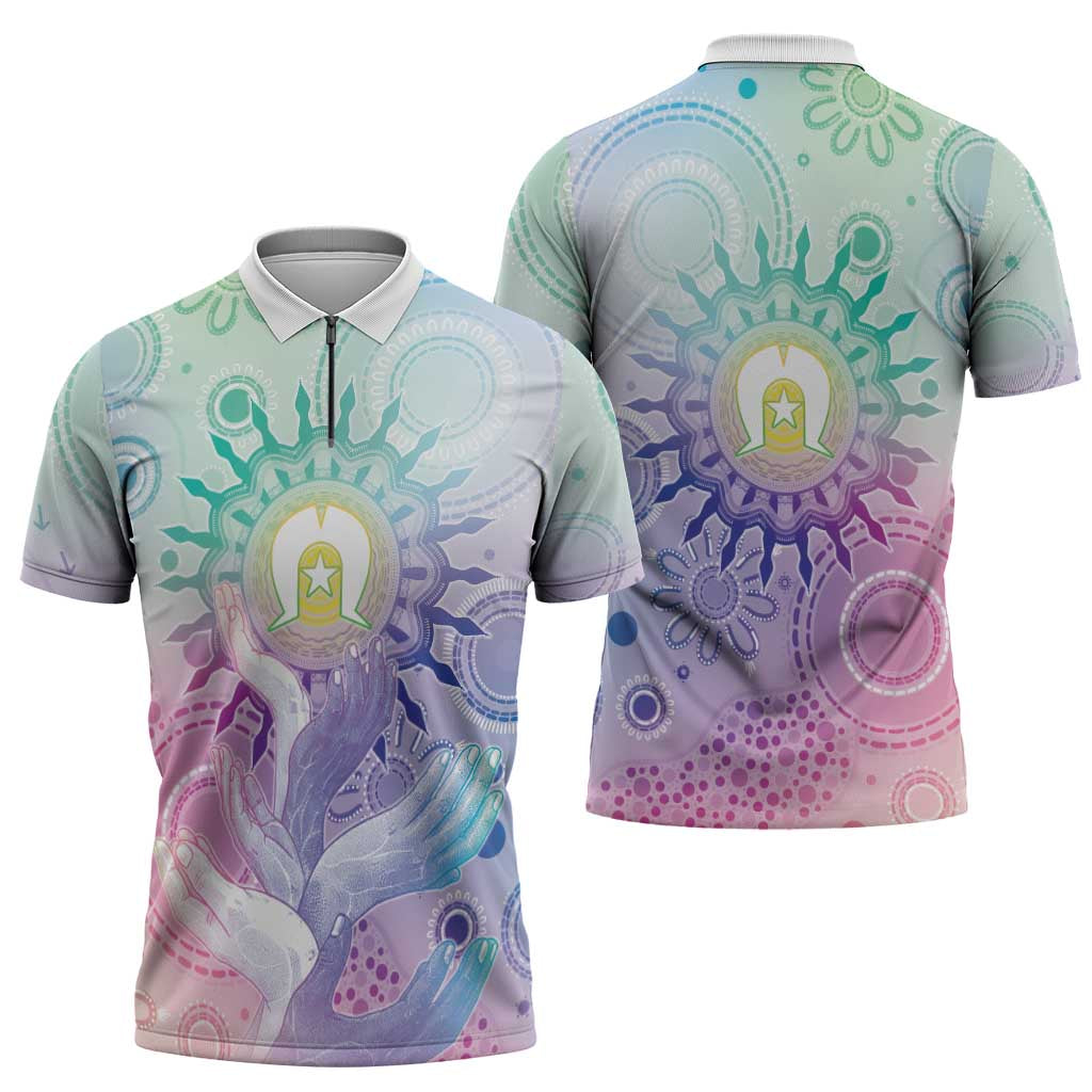 Aussie NAIDOC Week Zipper Polo Shirt Pastel Aboriginal Dot Art
